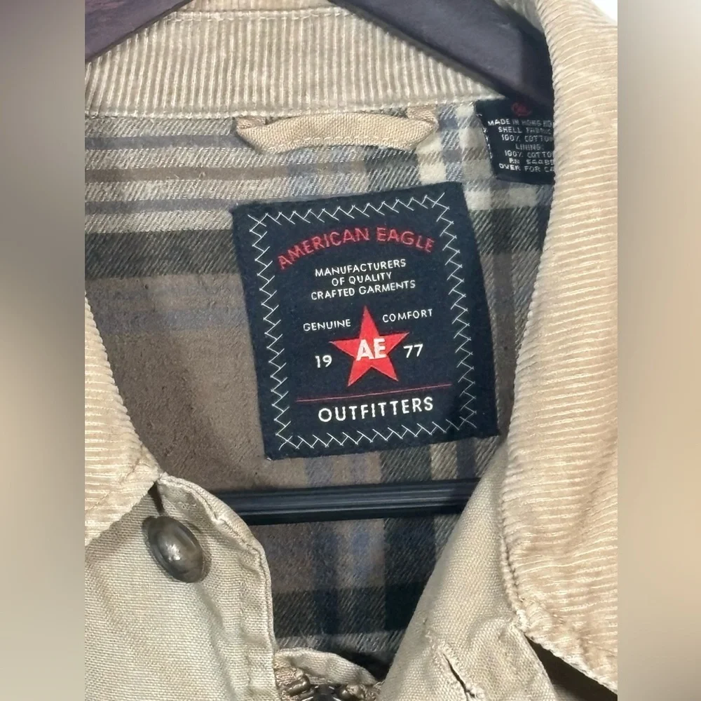American Eagle Canvas Barn Jacket XL Tan Corduroy Collar Plaid Lined